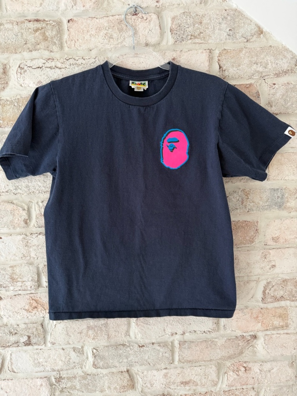 BAPE Neon Pink Mini Head Short Sleeve T-shirt in Navy Size S